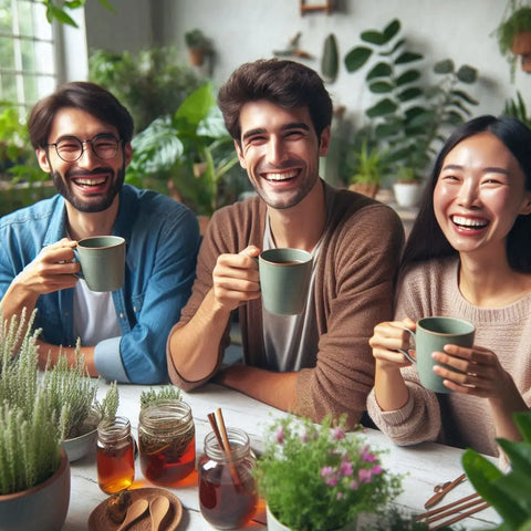 Friends smiling and enjoying herbal tea together at a table.