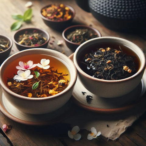 Two bowls of tea with herbs, flowers, and loose leaves showcasing Oolong and Black Tea.