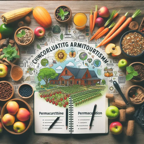 Open notebook with permaculture illustration, surrounded by fresh fruits, vegetables, and grains.