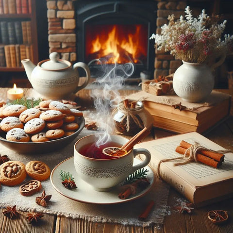 A steaming cup of tea with cookies, books, and a cozy fireplace, perfect for winter relaxation.