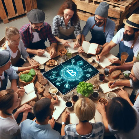 Digital display of Bitcoin logo with crypto icons and people gathered around it.