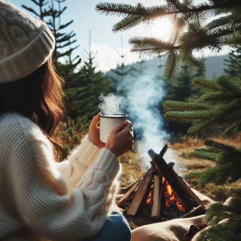 Person enjoying pine needle tea by a campfire among pine trees.