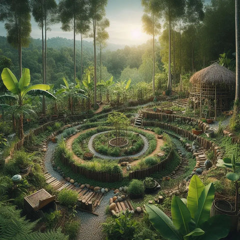 Circular terraced garden with spiral layout in lush forest, illustrating permaculture principles.