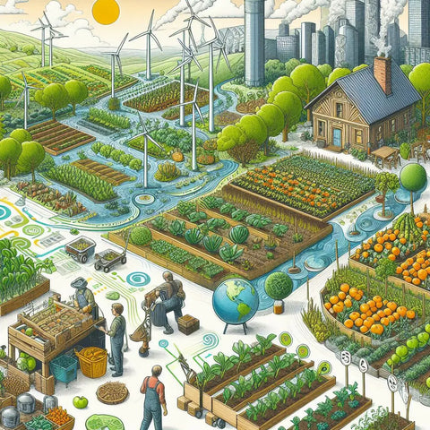 Illustration of a sustainable, eco-friendly community with renewable energy and urban farming.