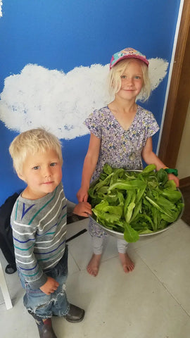 Two children with a bowl of fresh leafy greens from Luna Herb Co. & The Smelly Gypsy.