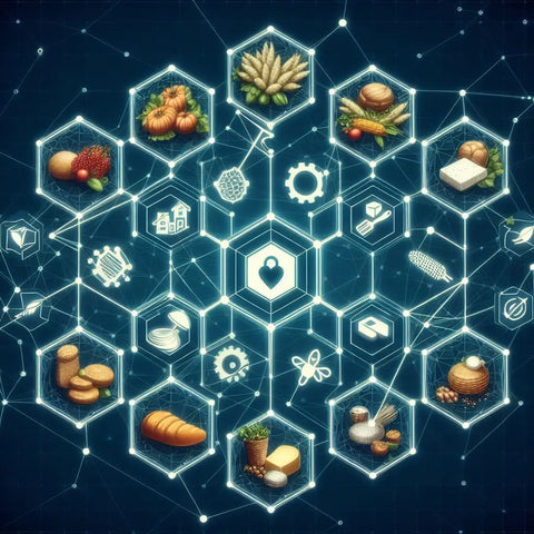 Interconnected hexagonal icons of food items and tech in high-quality food production.