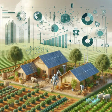 Solar-powered farm with lush fields and AI data visualizations enhancing permaculture.