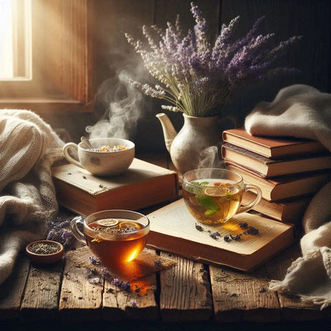 Cozy still life with tea cups, books, and lavender on rustic wood: herbal tea stress relief.