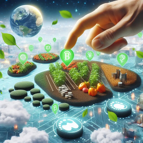 Hand reaching towards mini farms and food items floating above a digital landscape.