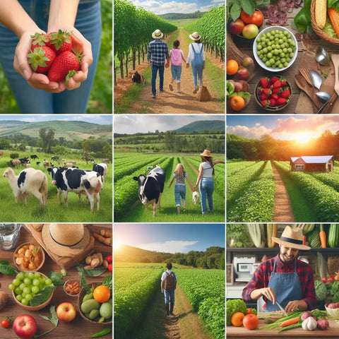Image depicting farming scenes with produce, livestock, and rural landscapes.