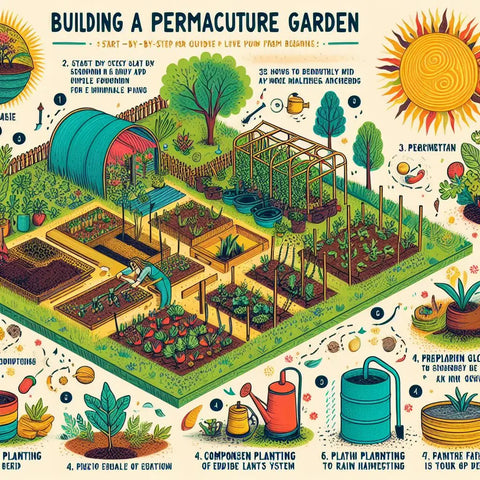 Colorful permaculture garden layout illustration from ’Starting Your Sustainable Living Journey’.