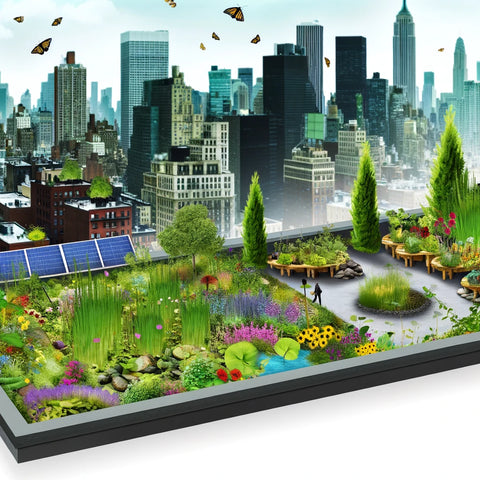 Miniature urban garden model with skyscrapers, solar panels, and diverse plant life.