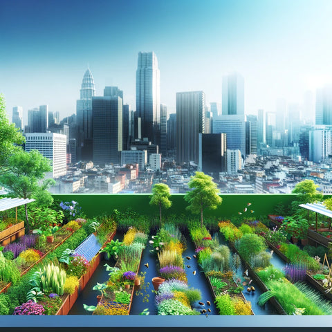 Colorful urban rooftop garden with city skyline in the background.