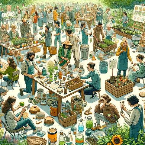 People at a vibrant farmers market trading plants, produce, and homemade goods.