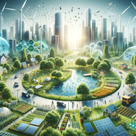 Futuristic eco-friendly city with skyscrapers, green spaces, renewable energy, and agriculture.