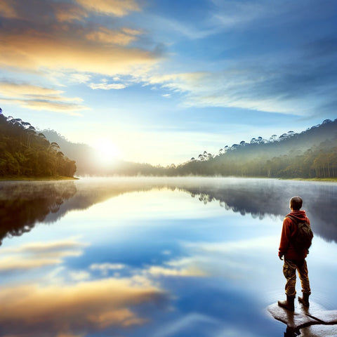 Person admiring a tranquil, misty lake; featured in ’Seeing Reality Through Clear Lens’.