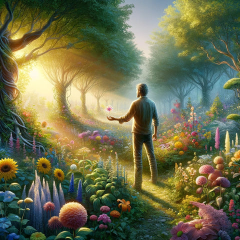 Person in vibrant magical garden holding glowing flower, seeing reality through clear lens.