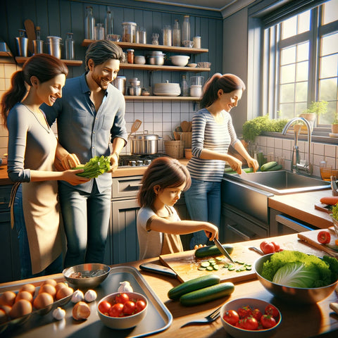 Family cooking together, highlighting the importance of reducing food waste.