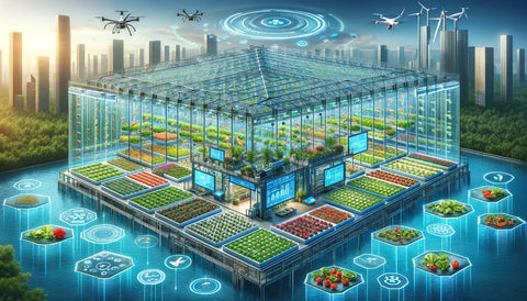Futuristic greenhouse complex with automated farming systems and drone technology.