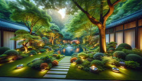 Peaceful Japanese garden with serene pond, lit pathways, and lush greenery.