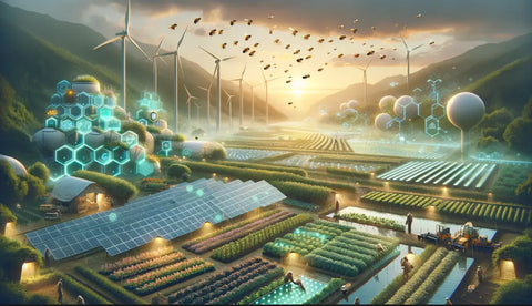 Futuristic agricultural landscape with renewable energy and advanced farming methods.