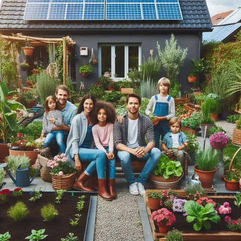 Group of people in a lush garden with potted plants and solar panels on the roof behind.