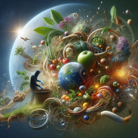 Surreal cosmic cornucopia with fruits, vegetables, and planets in vibrant dreamlike composition.