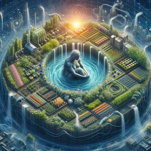 Futuristic garden with central pool, diverse crops, and technology for composting in permaculture.