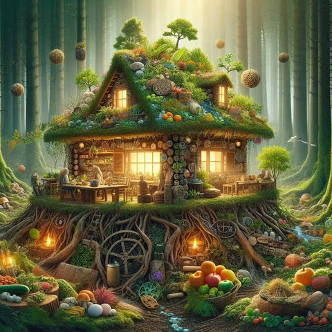 Fairy-tale cottage with plant-covered roof in enchanted forest, illustrating permaculture.