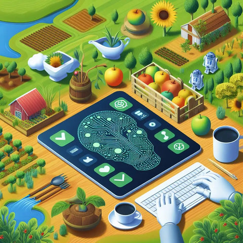 Digital tablet with lightbulb icon and farm elements, symbolizing permaculture innovation.