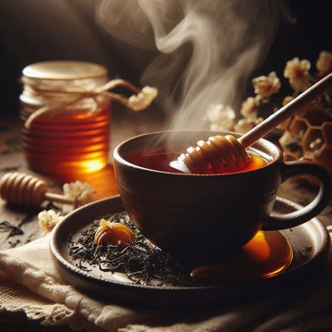 Steaming cup of tea with honey dipper and jar of honey on display in article about black tea.