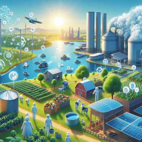 Futuristic cityscape integrating sustainable agriculture, renewable energy, and smart infrastructure.