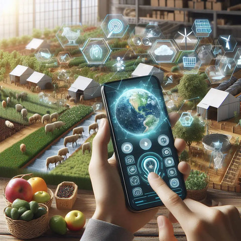 Smartphone displaying a holographic globe with tech and agricultural icons.