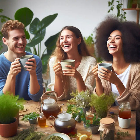 Friends laughing and enjoying herbal tea amidst plants and teapots.