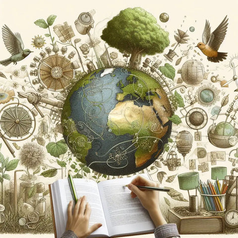 Globe surrounded by symbols of nature, tech, and knowledge in an article on permaculture in education.