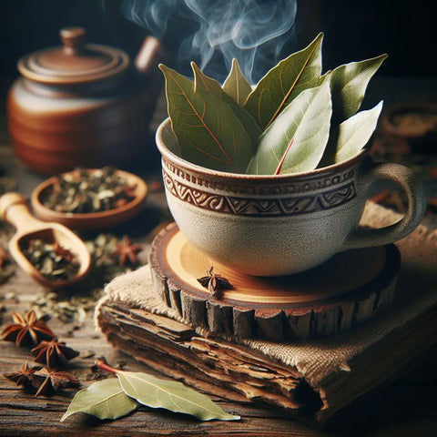 Ceramic cup filled with fresh bay leaves on rustic wooden surface for bay leaf tea blend.