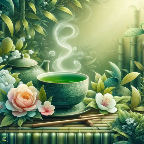 Steaming cup of green tea surrounded by flowers, highlighting its calming benefits.