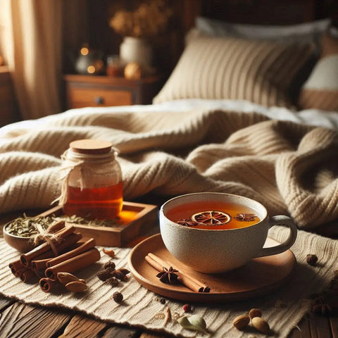 Cozy cup of chai tea with citrus slices and spices on a bed tray.