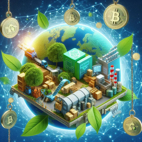 Bitcoin floating above miniature eco-friendly industrial cityscape with factories and trees.