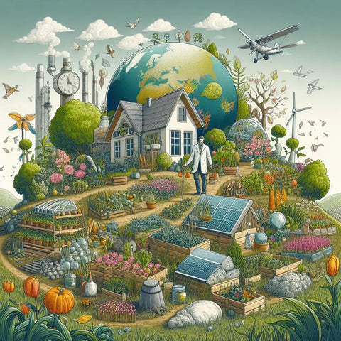 Whimsical garden with cottage enclosing a partial globe, illustrating permaculture principles.