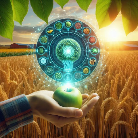 Glowing green apple in hand with holographic plant display on ’Maximizing Crop Yields with AI’.
