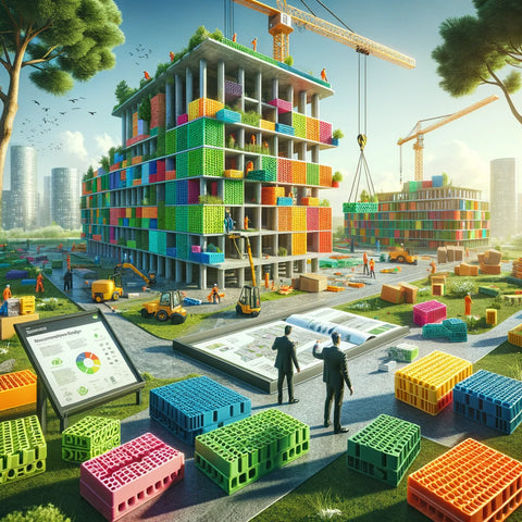 Modular building with colorful cube components from recycled plastic bricks under construction.