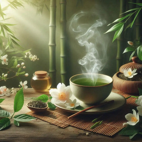 Steaming bowl of green tea in an Asian tea ceremony setup for a calming experience.