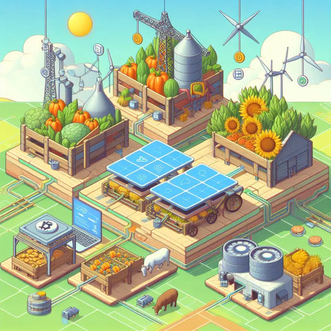 Isometric illustration of a sustainable farm ecosystem for the ’Advancing Sustainable Food Centers’ article.