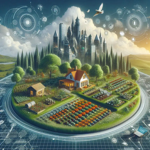 Futuristic city-farm hybrid with skyscrapers and lush gardens on a circular platform.