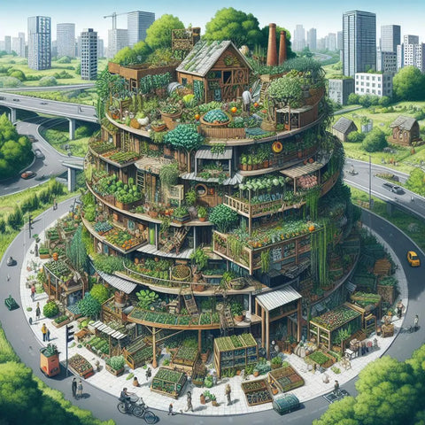 A multi-tiered circular building with lush gardens and eco-friendly living spaces.