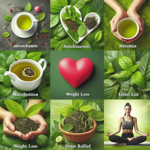 Collage of green tea and health-related images highlighting benefits in Discover the Health Benefits of Green Tea.