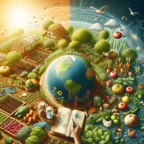 A globe amidst a lush permaculture garden filled with fruits, vegetables, and natural elements.