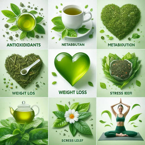 Collage of green-themed images highlighting tea and natural remedies in a wellness article.
