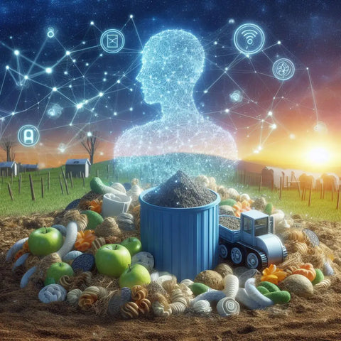 Holographic human silhouette with tech icons illustrating composting benefits for soil health.